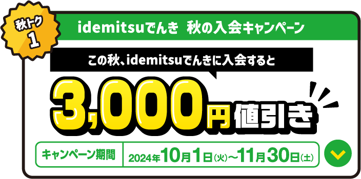 idemitsuでんき 秋の入会キャンペーン
					この秋、idemitsuでんきに入会すると
					3,000円値引き
					キャンペーン期間：2024年10月1日～11月30日