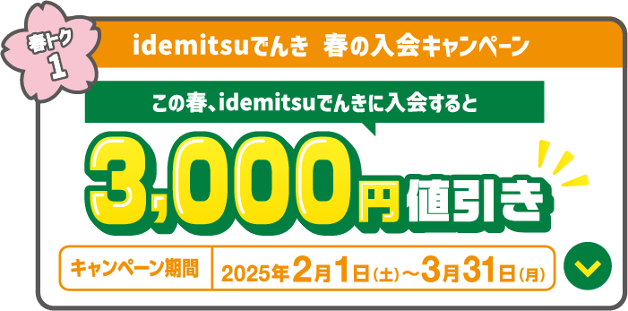 idemitsuでんき 春の入会キャンペーン
					この春、idemitsuでんきに入会すると
					3,000円値引き
					キャンペーン期間：2025年2月1日～3月31日