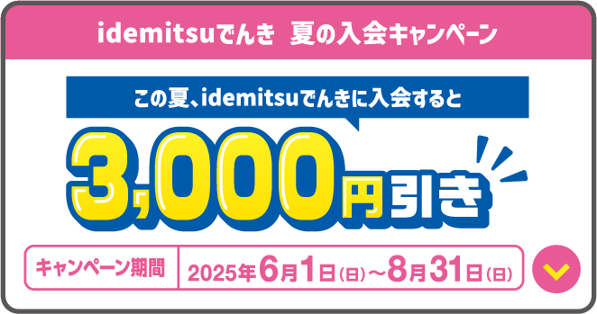 
							idemitsuでんき 夏の入会キャンペーン
							この夏、idemitsuでんきに入会すると 3,000円引き
							キャンペーン期間 2025年6月1日(日)～8月31日(日)
						