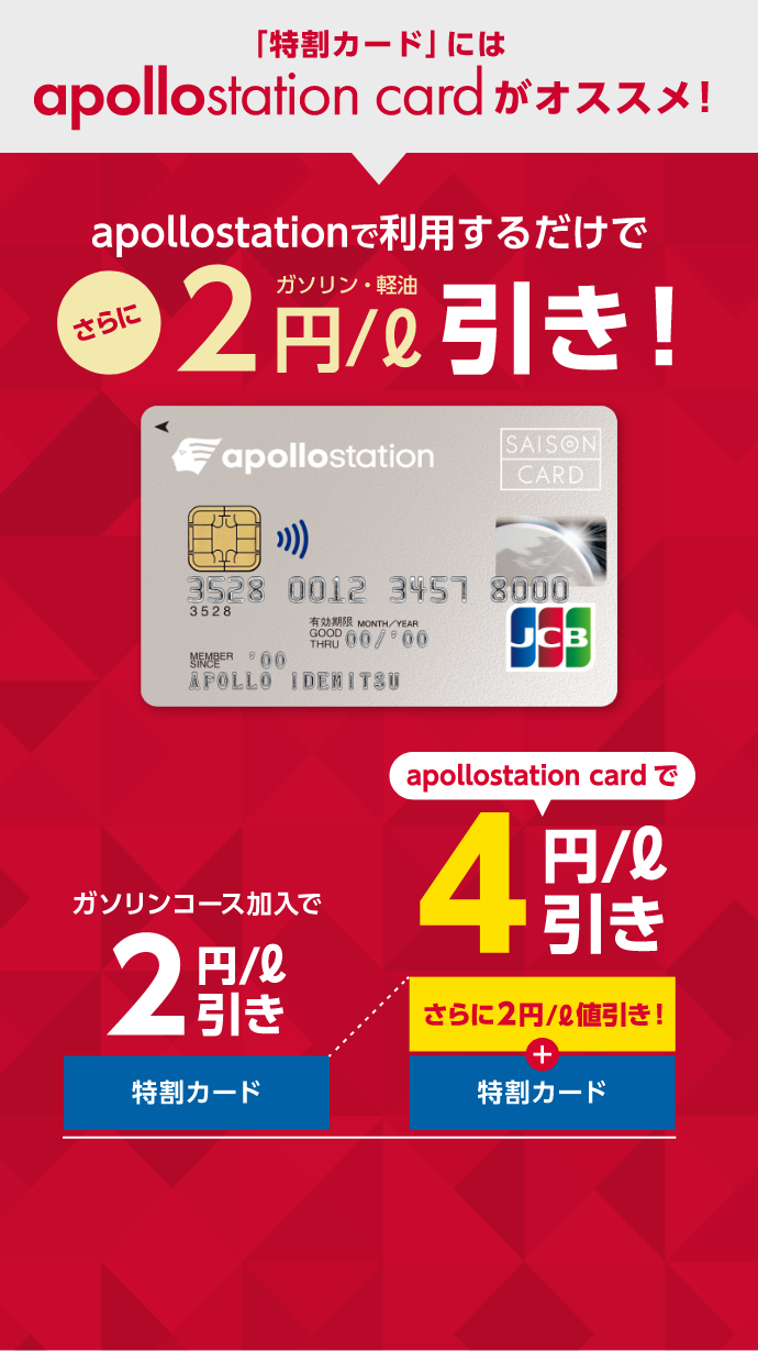 
									「特割カード」には apollostation card がオススメ！
									apollostationで利用するだけでさらにガソリン・経由2円/ℓ引き！