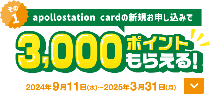 
						その1 apollostation card の新規お申し込みで 3,000ポイントもらえる！
						キャンペーン期間: 2024年9月11日(水)～2025年3月31日(月)
						