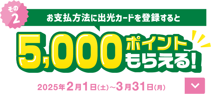 
						その2 お支払い方法に出光カードを登録すると 5,000ポイントもらえる！
						キャンペーン期間: 2025年2月1日(土)～3月31日(月)
						