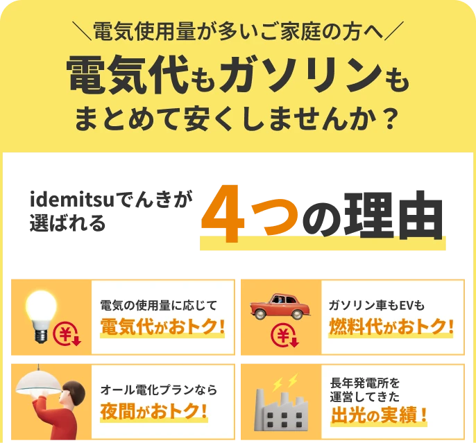 
								電気代もガソリンもまとめて安くしませんか？
								＼電気使用量が多いご家庭の方へ／
								idemitsuでんきが選ばれる
								4つの理由
								電気の使用量に応じて 電気代がおトク！
								ガソリン車もEVも 燃料代がおトク！
								オール電化プランなら 夜間がおトク！
								長年発電所を運営してきた 出光の実績！
								