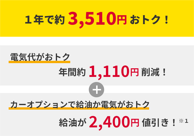 1年で約3,510円おトク!
電気代がおトク 年間 1,116円削減!
カーオプションで給油か電気がおトク 年間2,400円引き!※